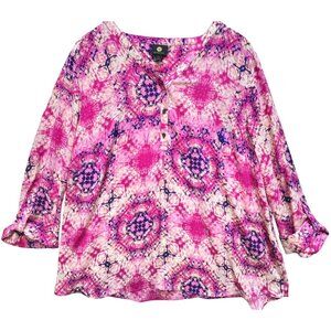 JM Collection Women's Henley Blouse Roll Tab Sleeve Size XXL Pink Blue Tie Dye